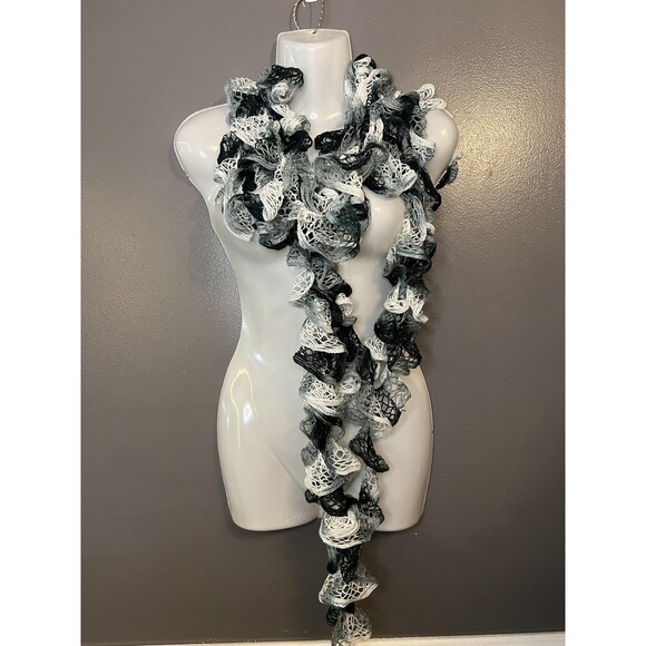 Ruffle Boa Scarf Womens One Size Black Gray White Mesh Lace Ruffle Sashay - Picture 6 of 6